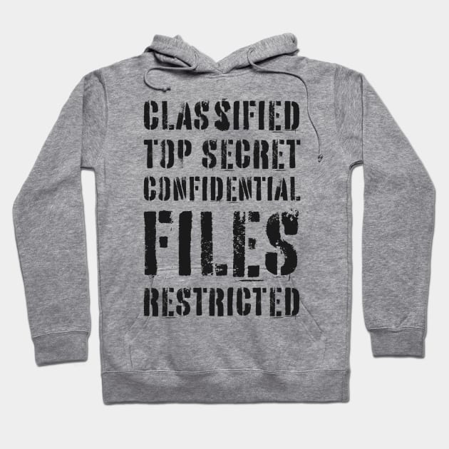 Classified Files Typography Stack (Black) Hoodie by John Uttley